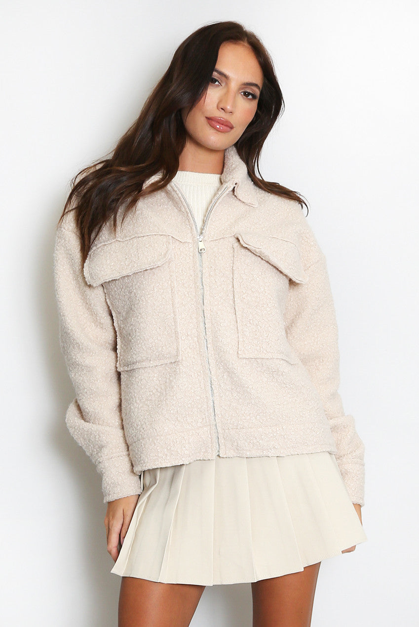 Beige Teddy Jacket With Pockets