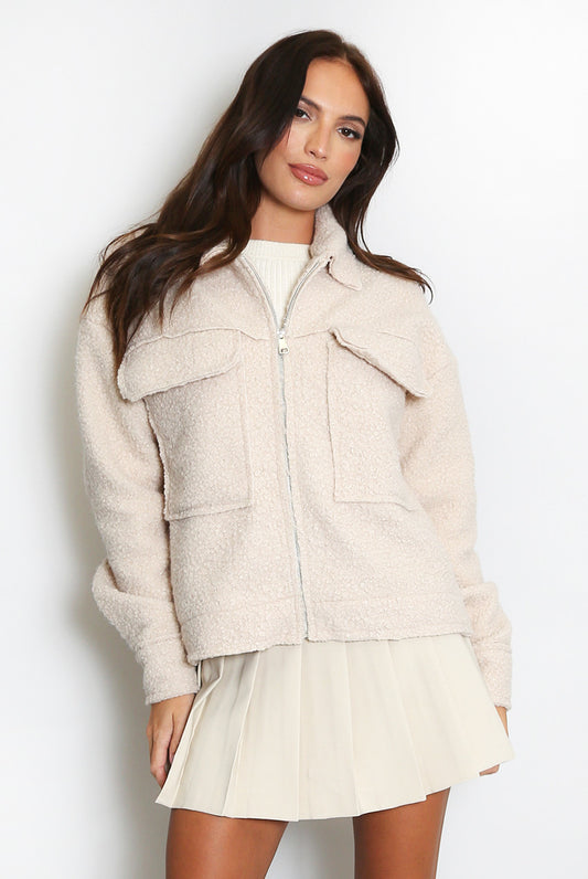Beige Teddy Jacket With Pockets