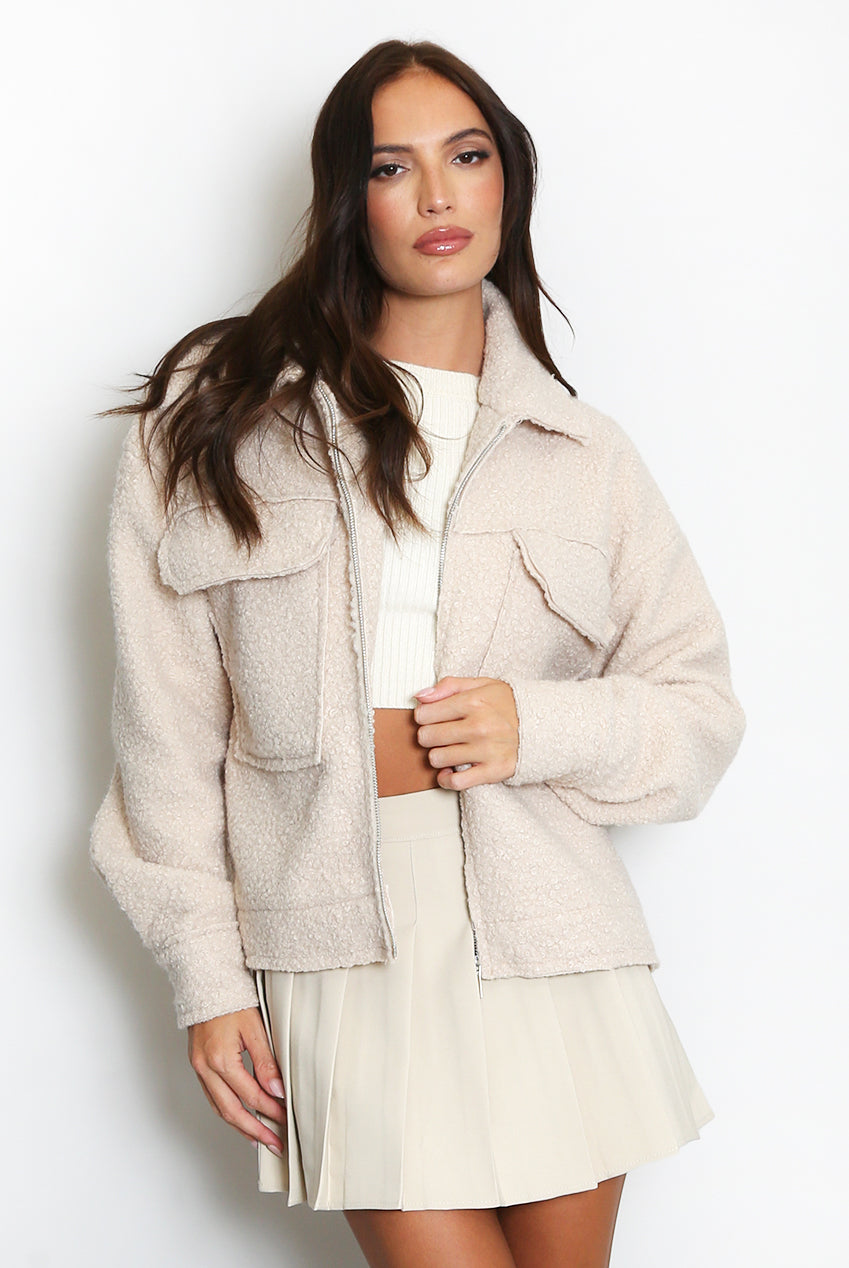 Beige Teddy Jacket With Pockets