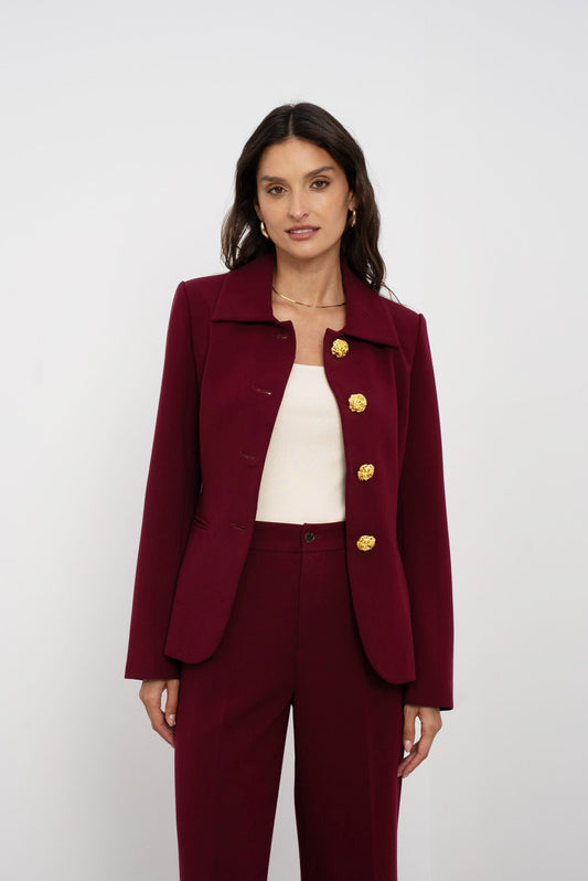 Wine Embossed Button Tailored Blazer With Collar