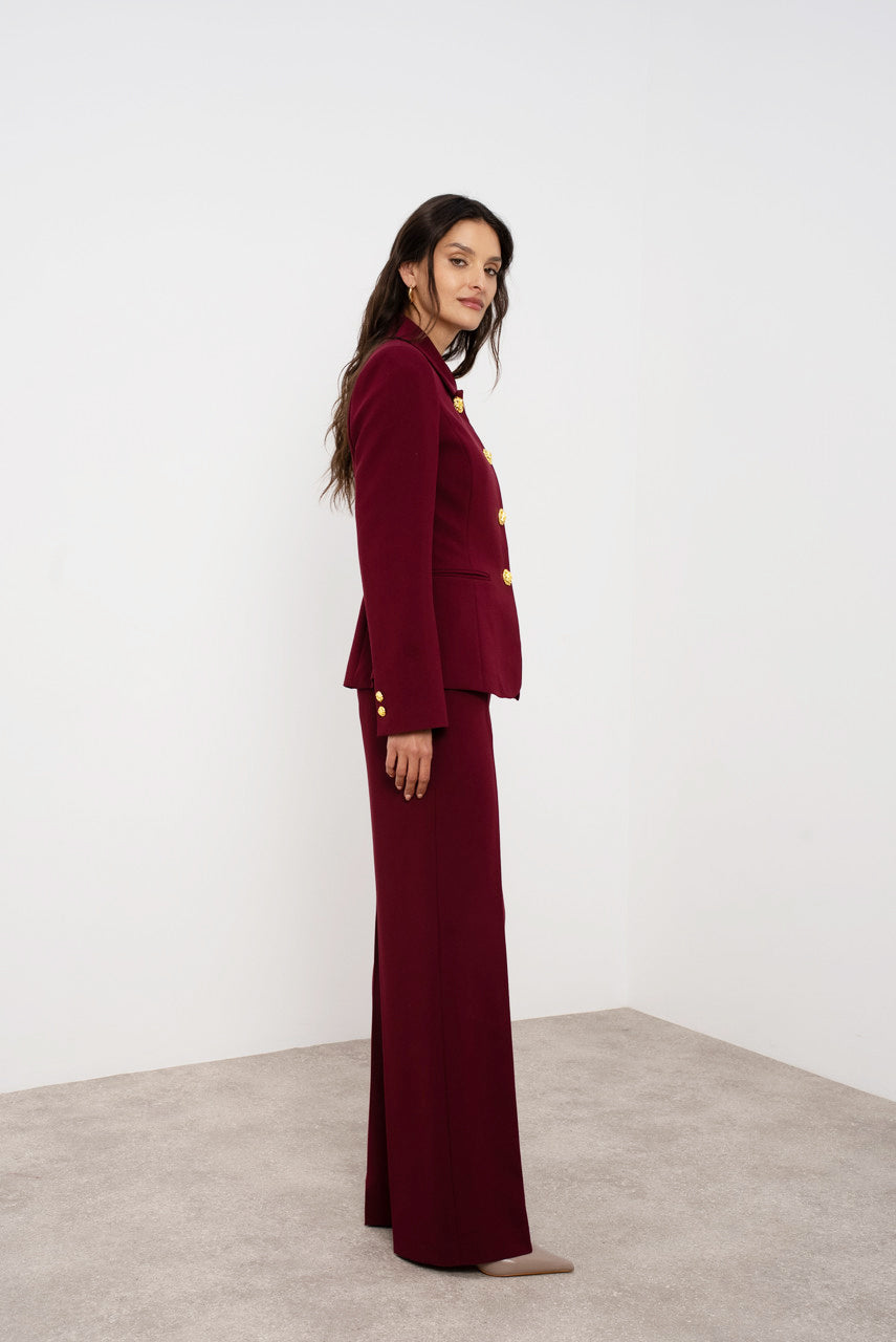 Wine Embossed Button Tailored Blazer With Collar