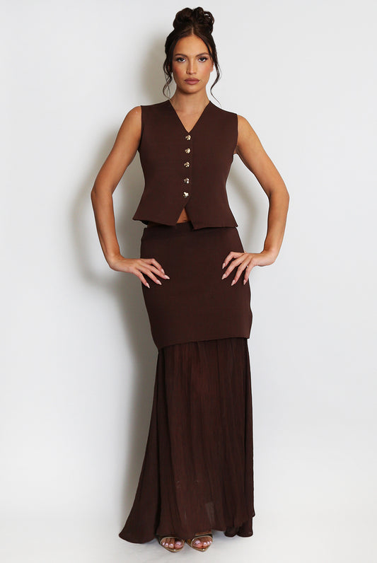 Brown Fine Knit Waistcoat And Maxi Skirt Set
