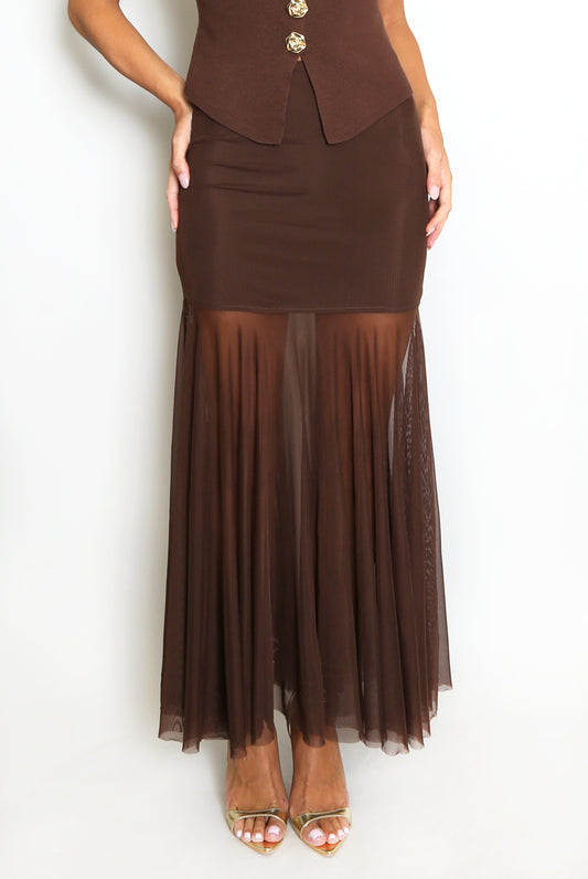 Brown Panelled Mesh Hem Maxi Skirt
