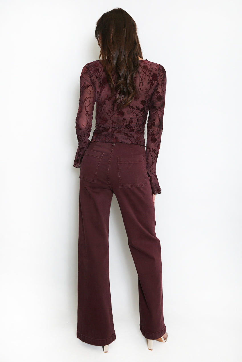 Wine Floral Embroidered Sheer Flare Cuff Top