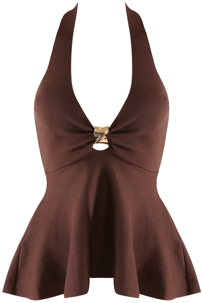 Brown Fine Knit Halter Neck Top