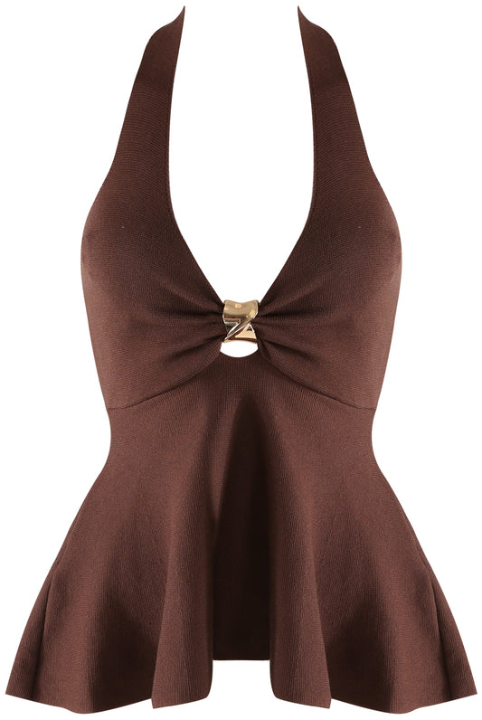 Brown Fine Knit Halter Neck Top