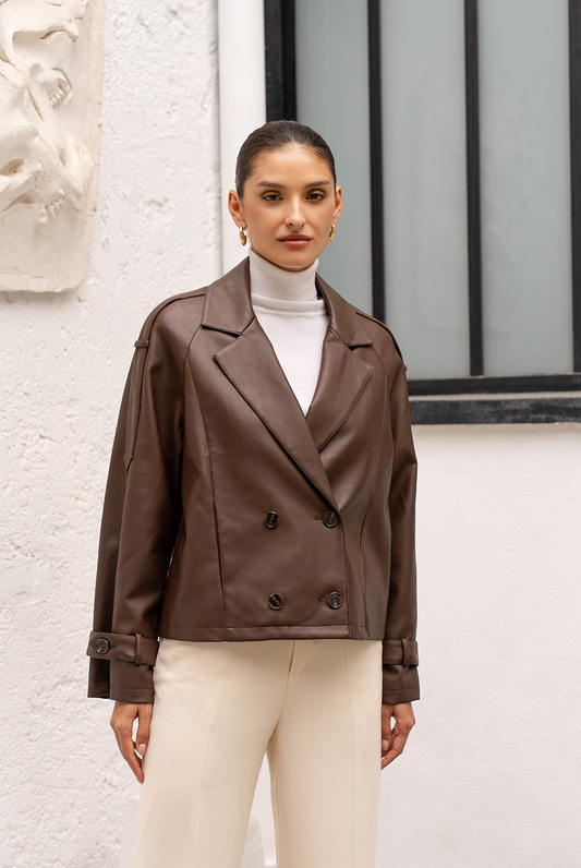 Brown Faux Leather Double Breasted Jacket