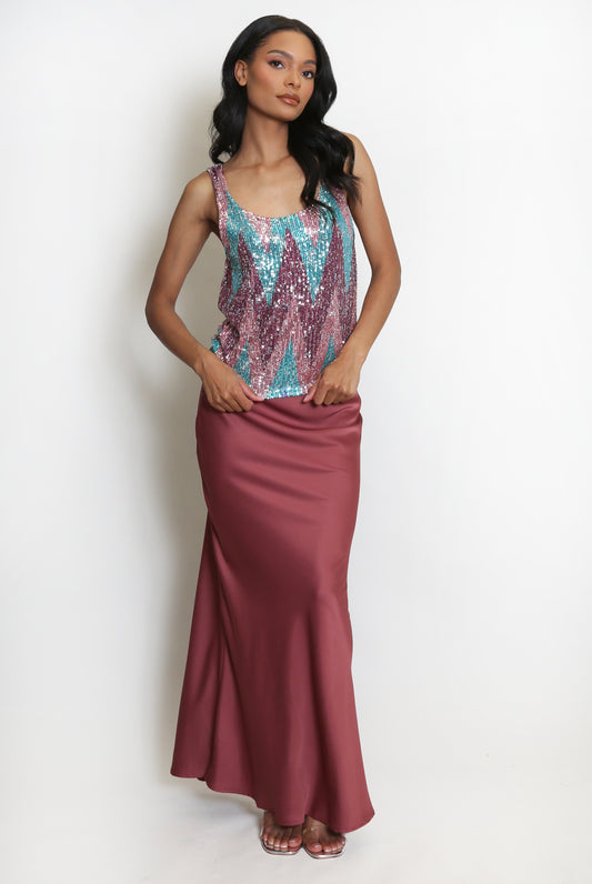 Burgundy Satin Bias Cut Maxi Skirt