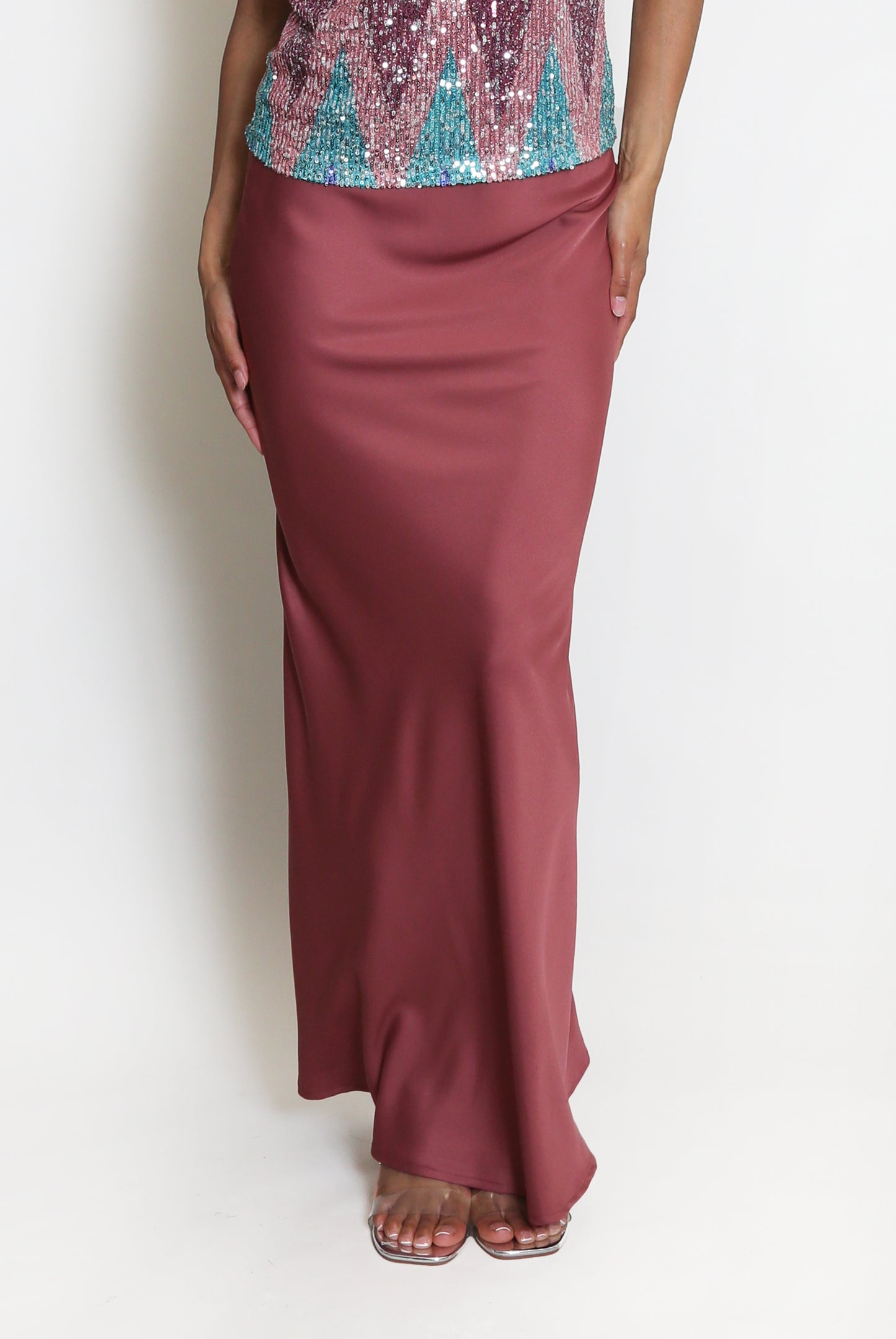 Burgundy Satin Bias Cut Maxi Skirt