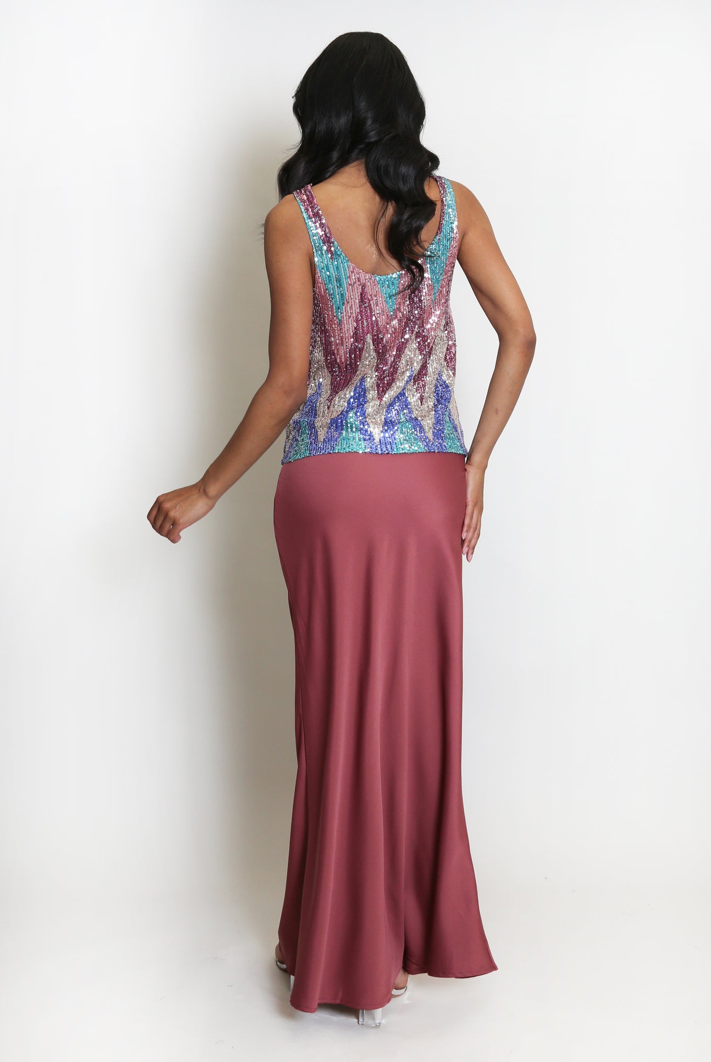 Burgundy Satin Bias Cut Maxi Skirt
