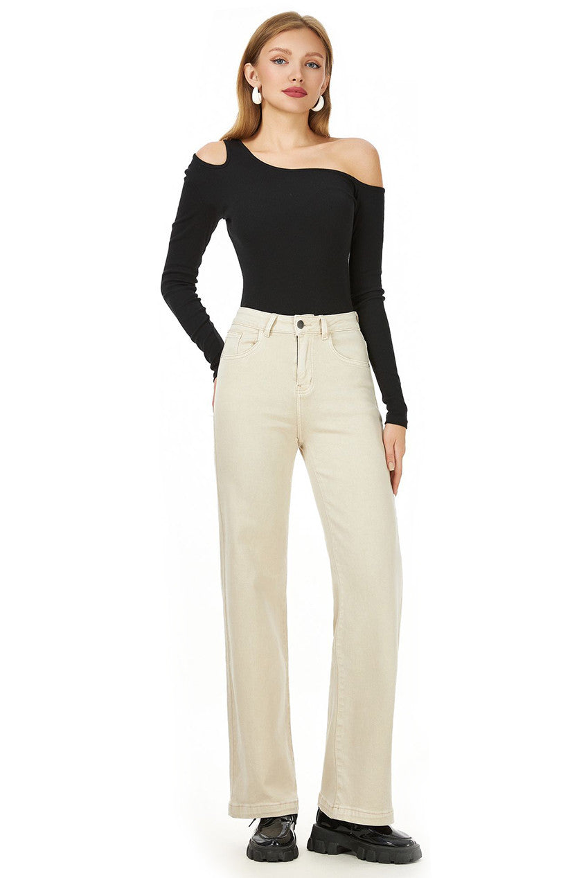 Beige Stretch Straight Leg Jeans
