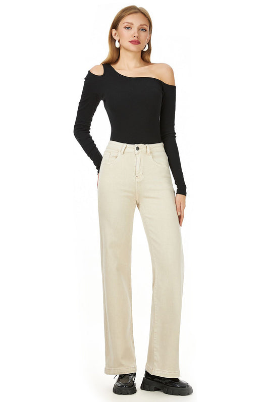 Beige Stretch Straight Leg Jeans