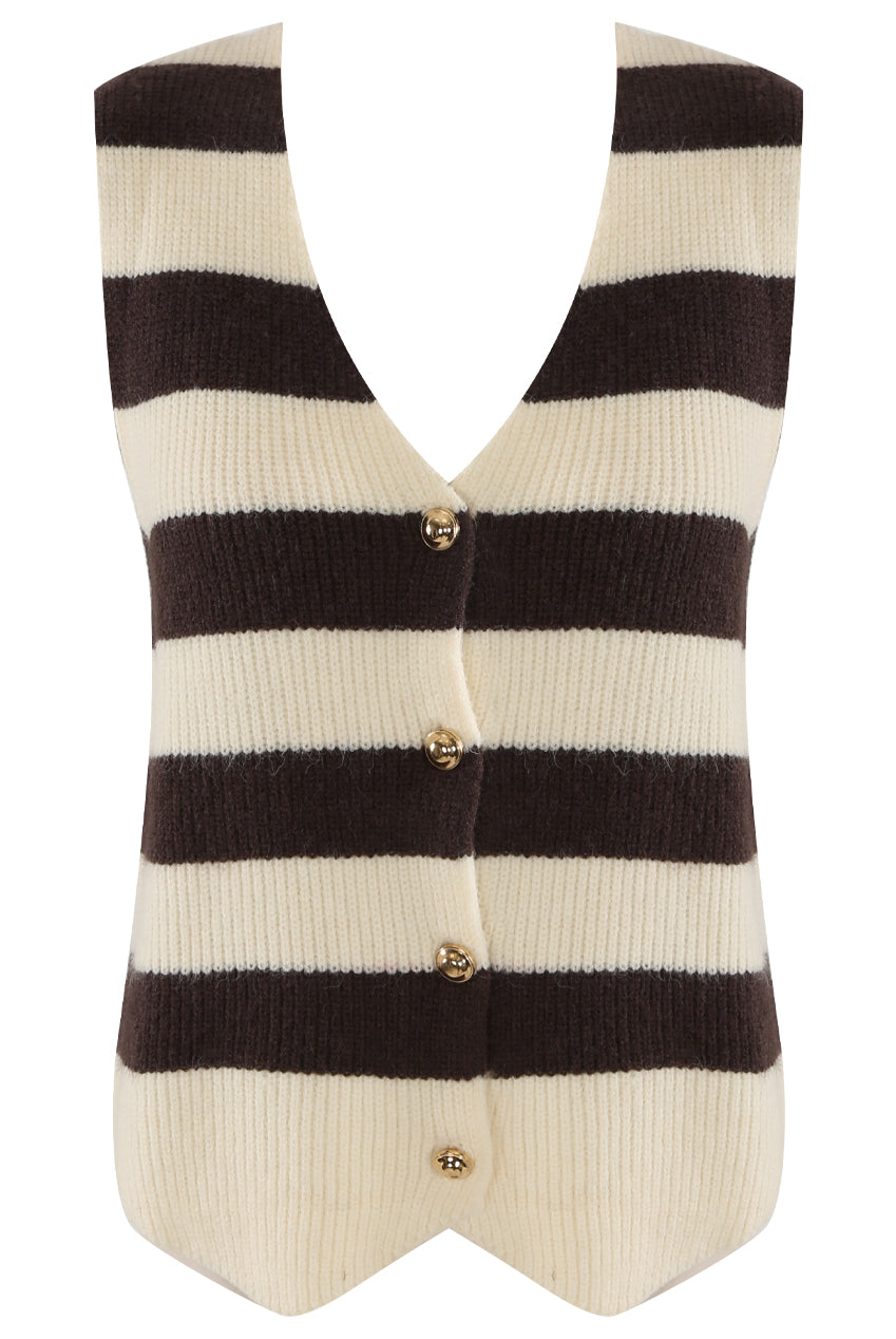Brown and Cream Stripes Knit Sleeveless Cardigan