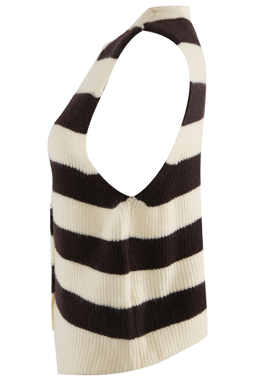 Brown and Cream Stripes Knit Sleeveless Cardigan