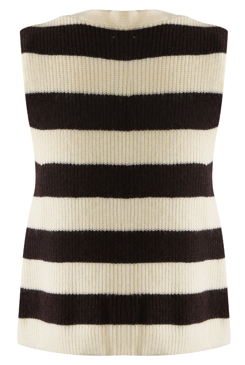 Brown and Cream Stripes Knit Sleeveless Cardigan