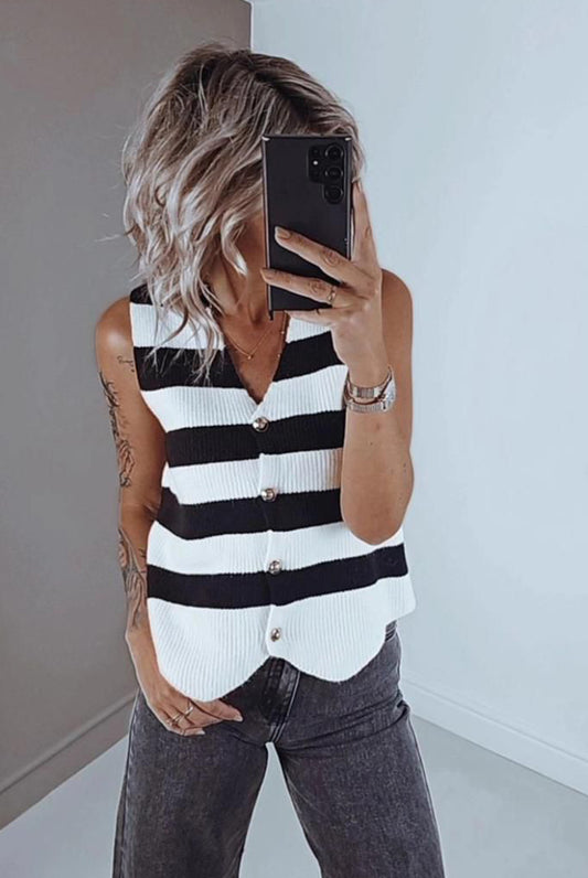 Brown and Cream Stripes Knit Sleeveless Cardigan