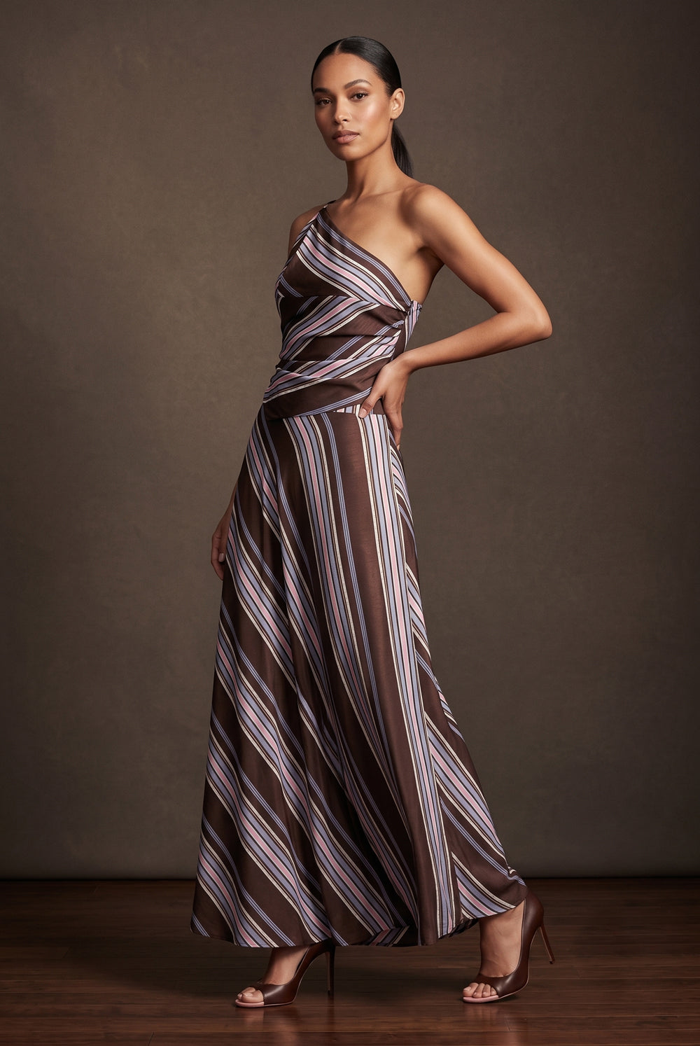Brown Asymmetric One Shoulder Top and Skirt
