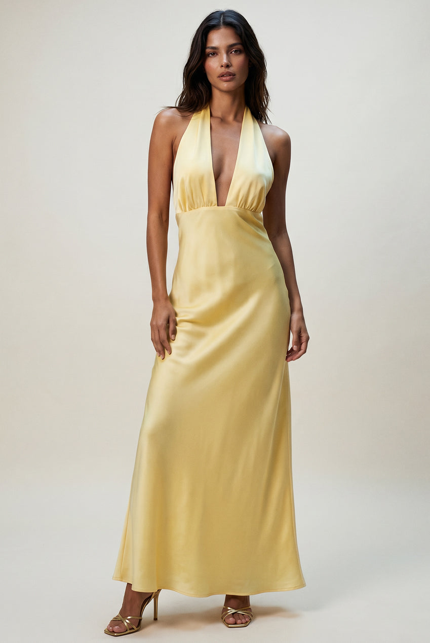 Yellow Halterneck Plunging Maxi