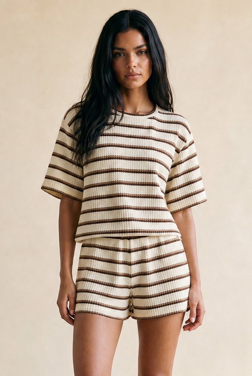 Cream Stripped Casual Set