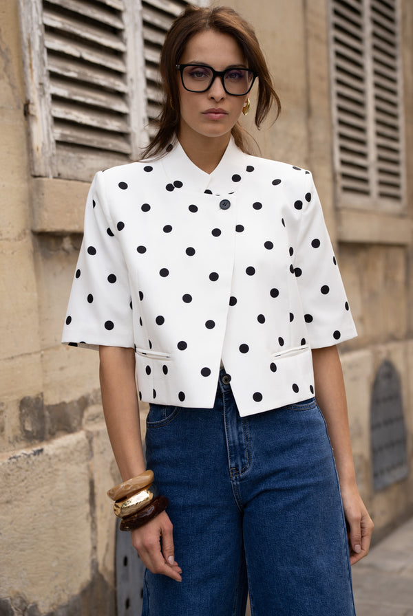 White Polka Dot Short Sleeve Wrap Over Blazer