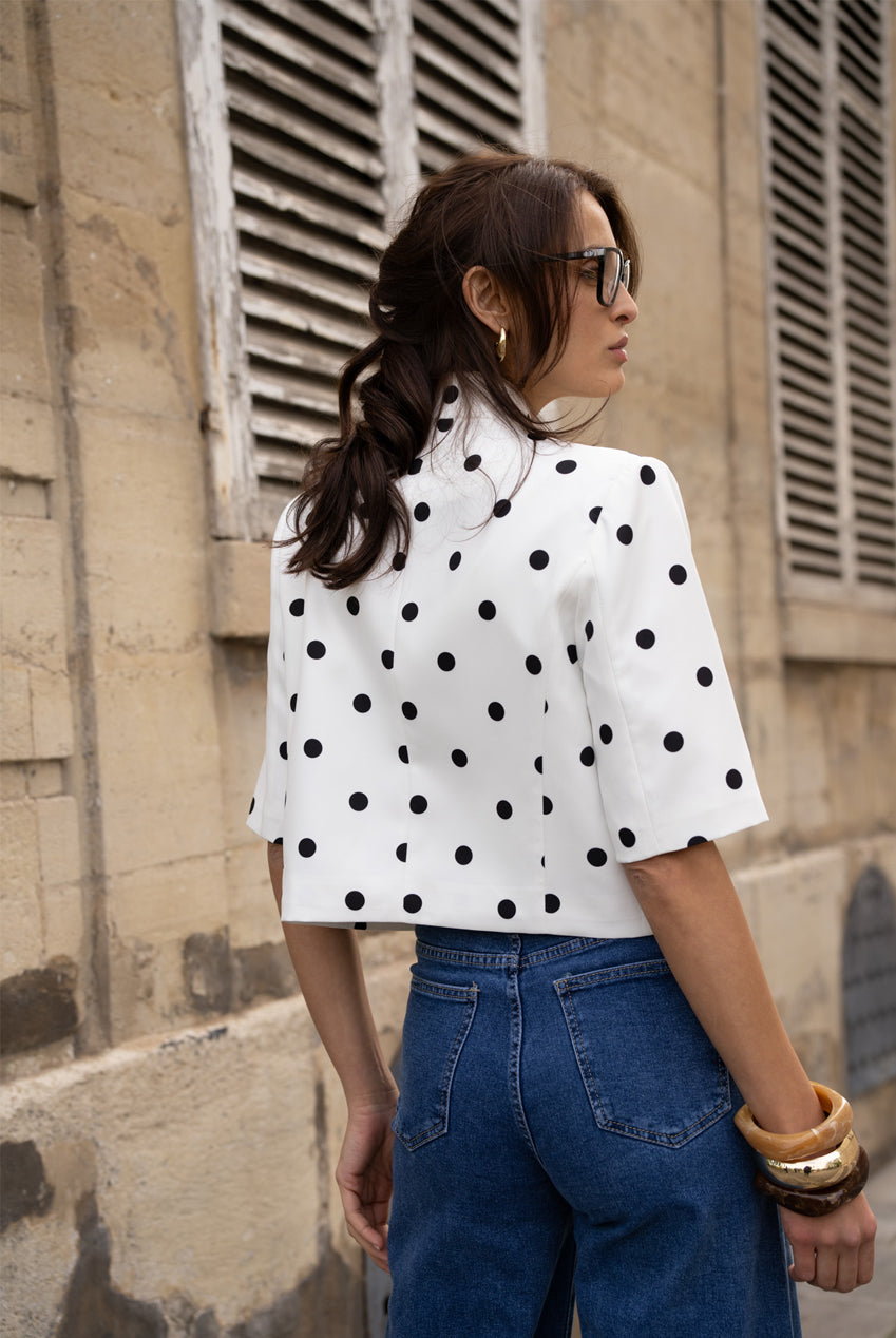 White Polka Dot Short Sleeve Wrap Over Blazer
