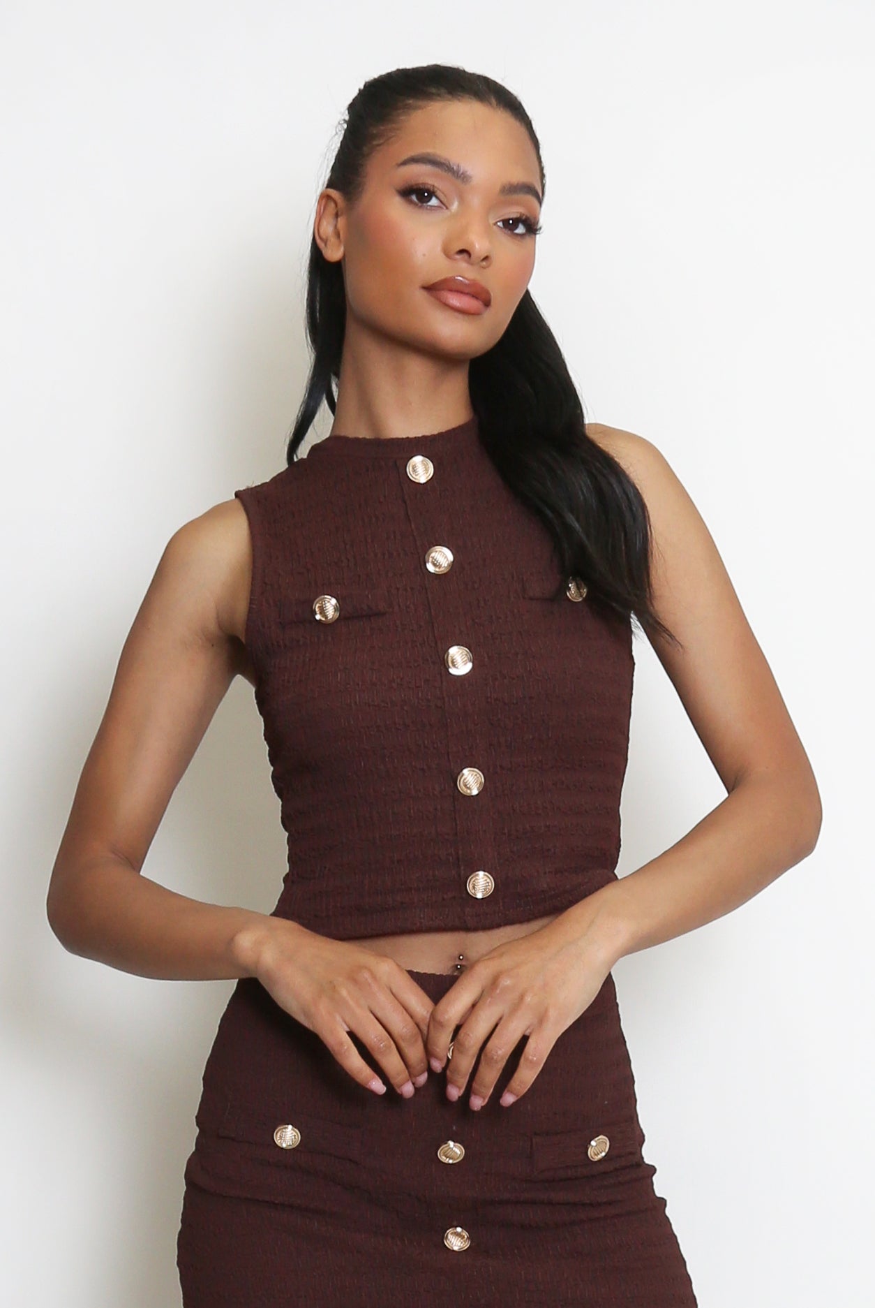 Textured Golden Buttons Crop Top