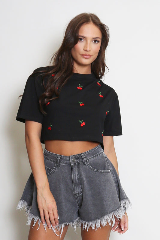 Cherry Embroidered Cropped T-Shirt