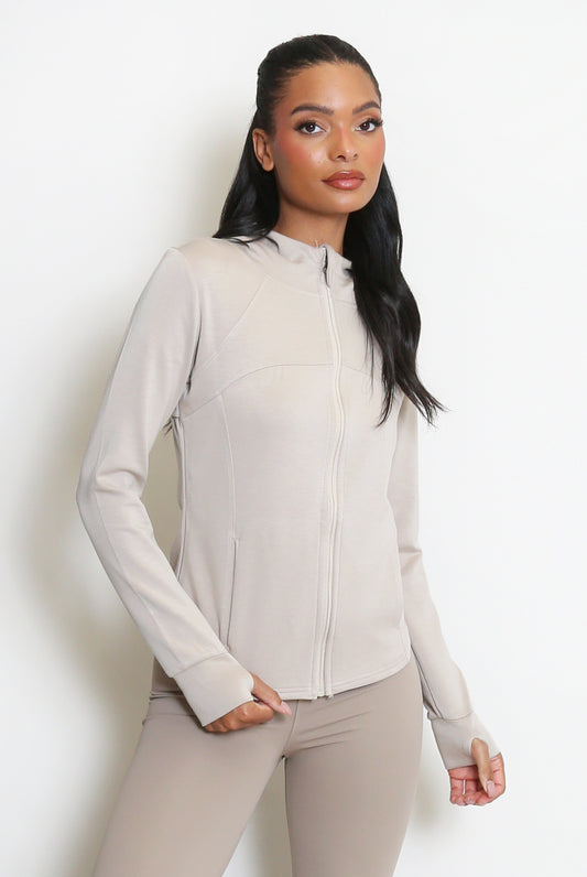 Beige Zip Up Long Sleeve Hoodie