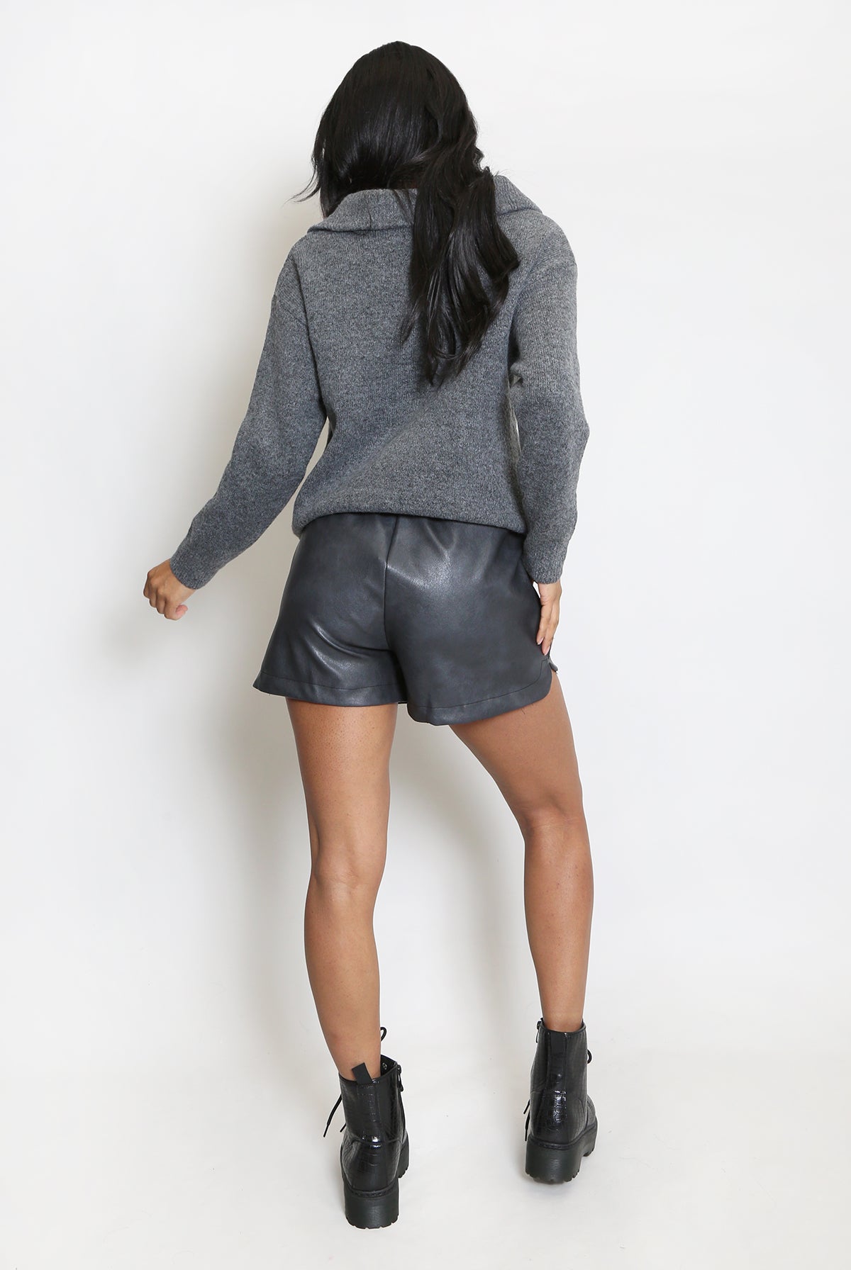 Grey Elasticated Waist PU Shorts