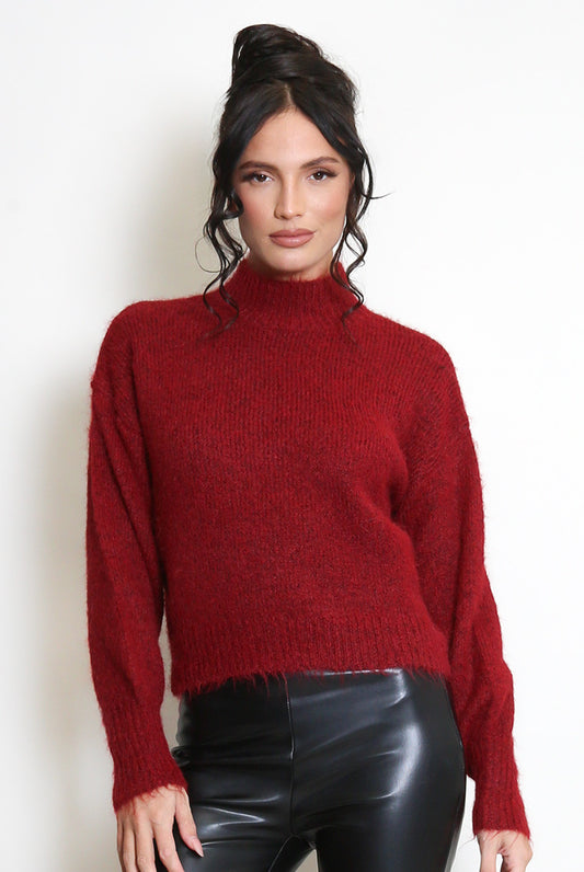 Wine Mohair Knit High Neck Jumper