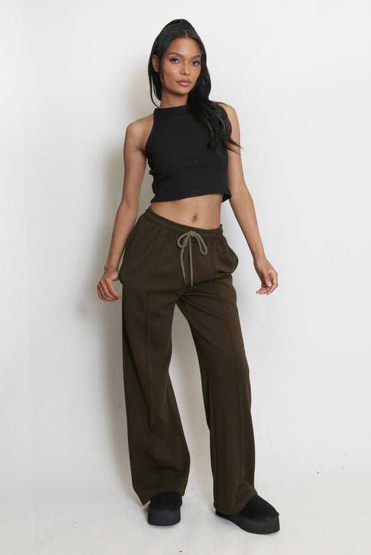 Dark Brown Pintuck Wide Leg Jogger