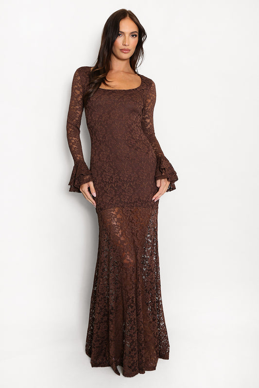 Brown Lace Flare Cuffs Maxi Dress