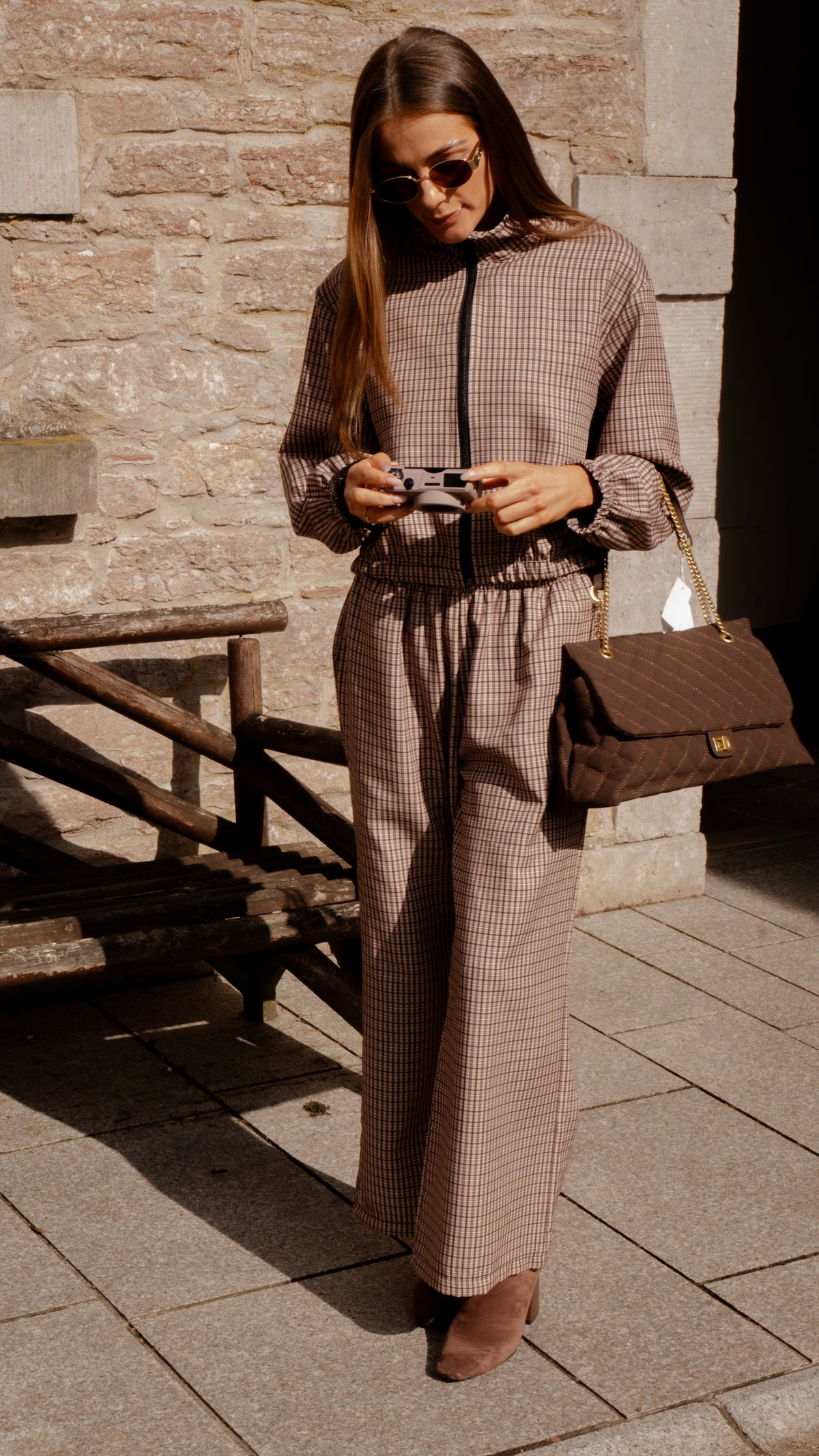 Taupe Check Jacket and And Wide Leg Trouser Set