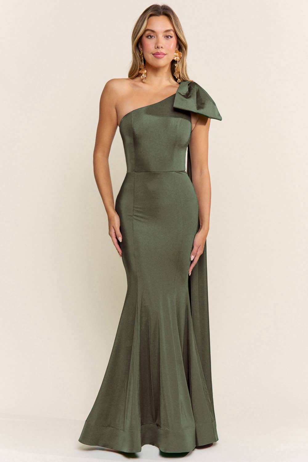 Olive One Shoulder Bow Detail Maxi Dress