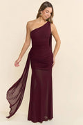 Burgundy One Shoulder Drape Maxi Dress