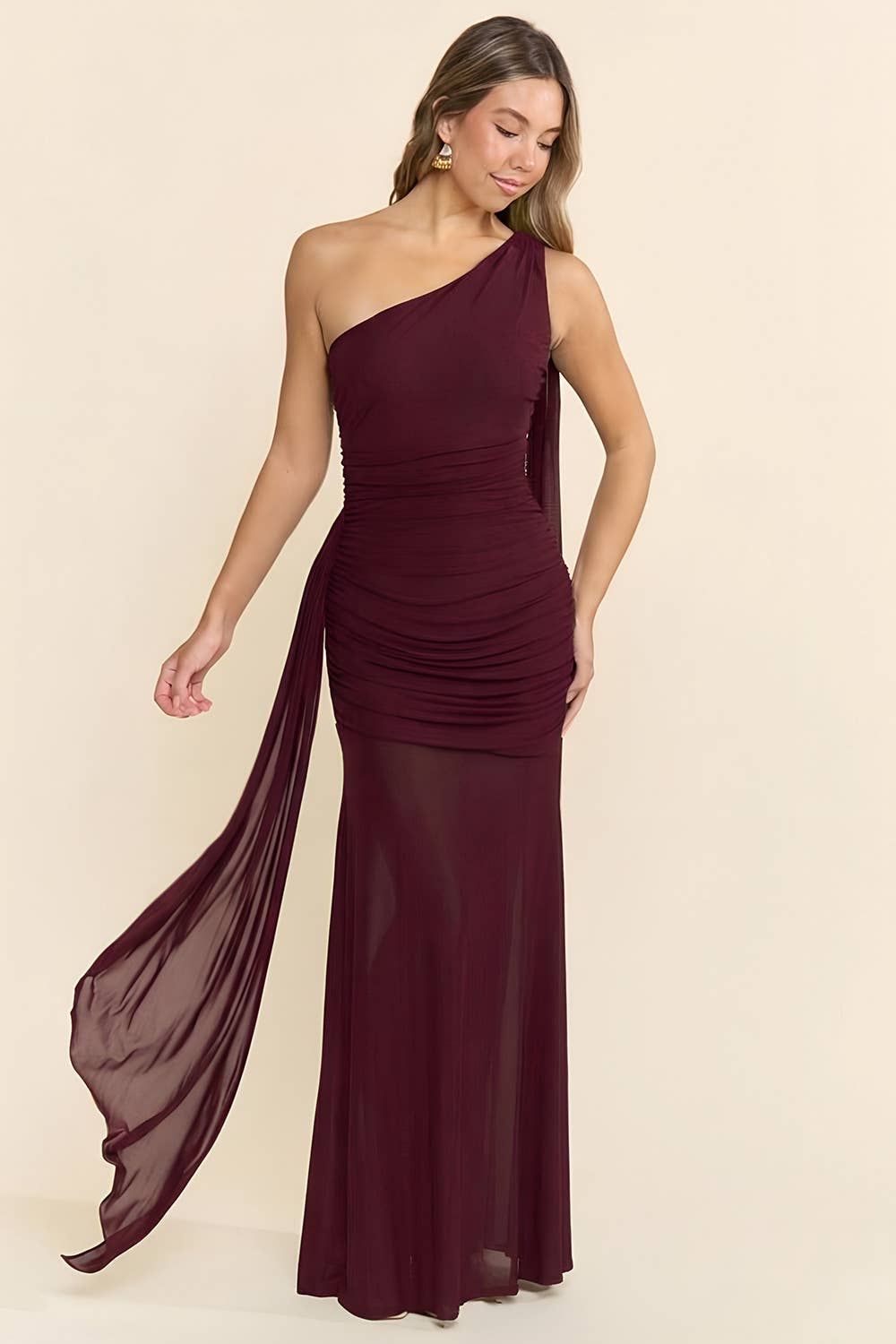 Burgundy One Shoulder Drape Maxi Dress