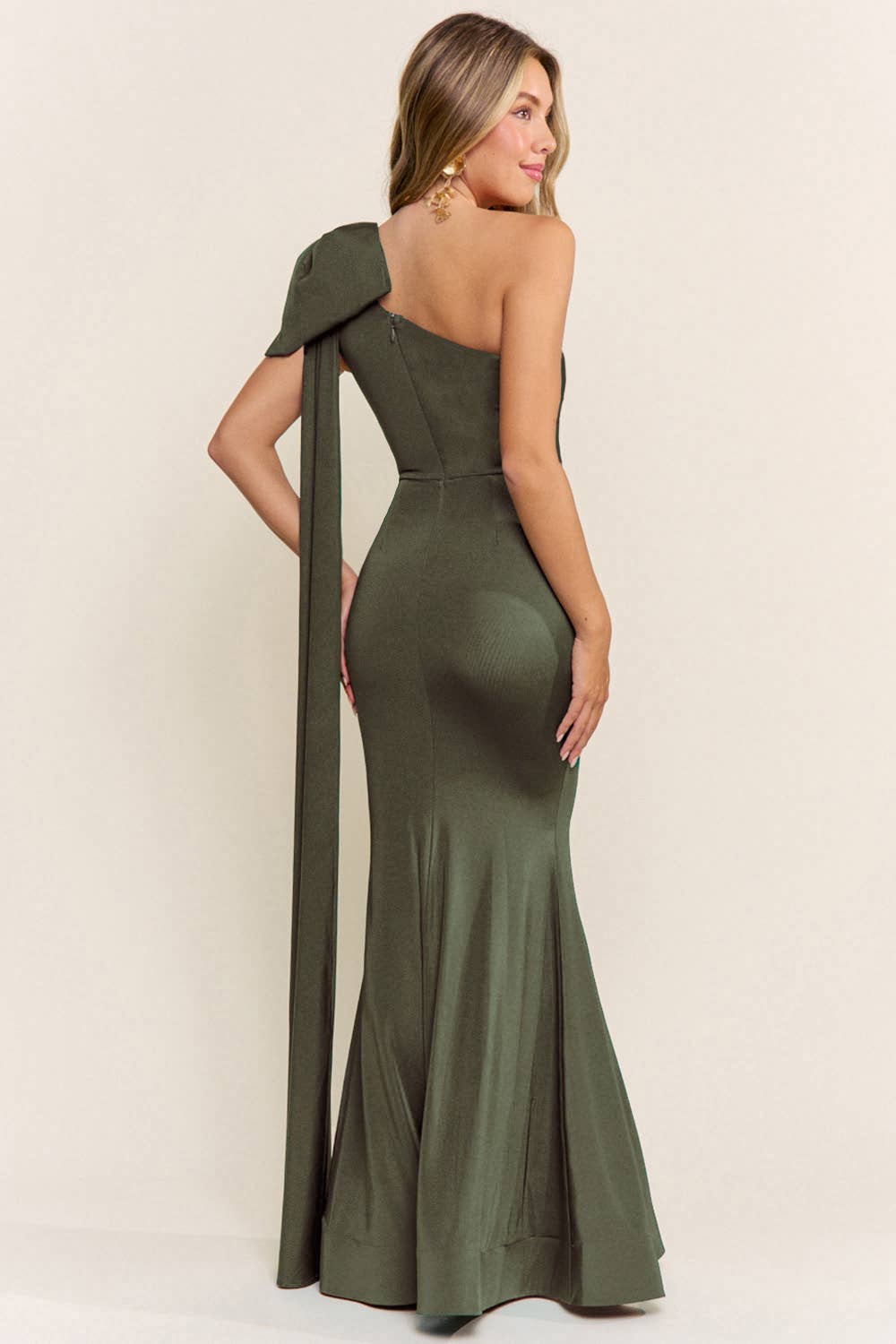 Olive One Shoulder Bow Detail Maxi Dress
