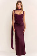 Burgundy Corset Maxi Dress With Matching Scarf