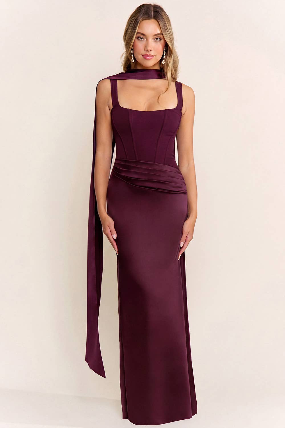 Burgundy Corset Maxi Dress With Matching Scarf