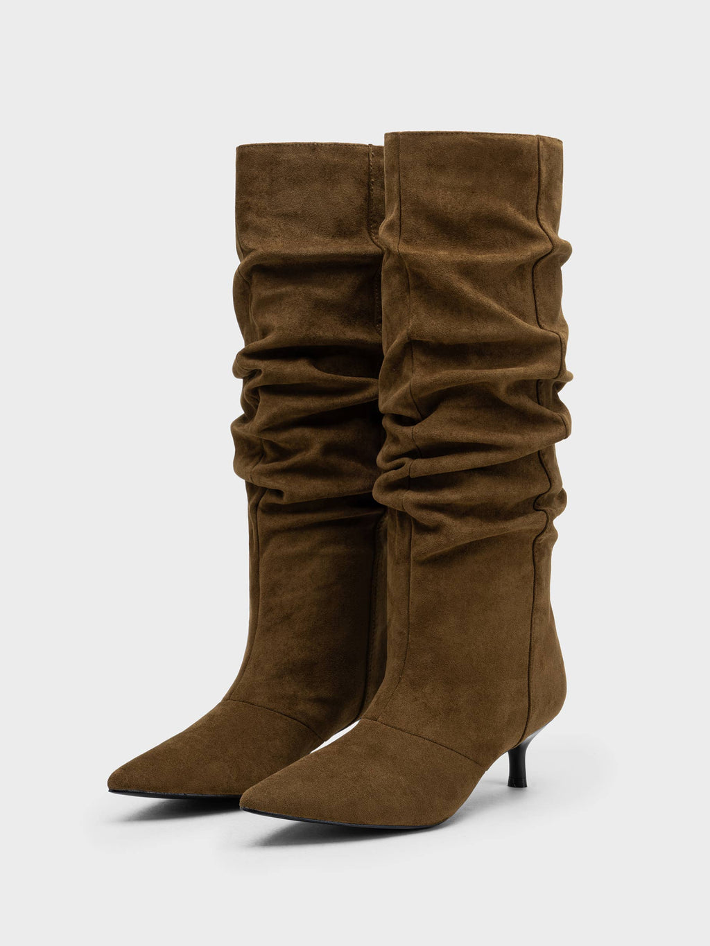 Camel Slouchy Knee High Boots, Pointed Toe, Kitten Heel