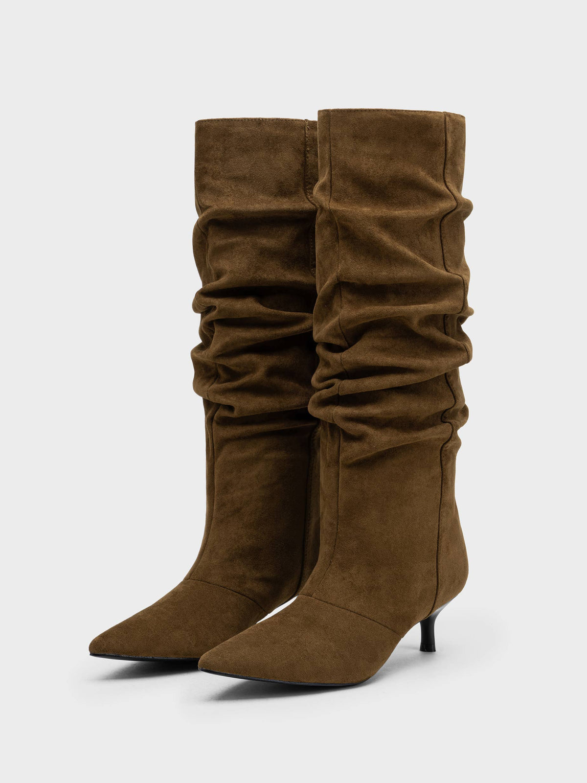 Camel Slouchy Knee High Boots, Pointed Toe, Kitten Heel