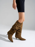 Camel Slouchy Knee High Boots, Pointed Toe, Kitten Heel