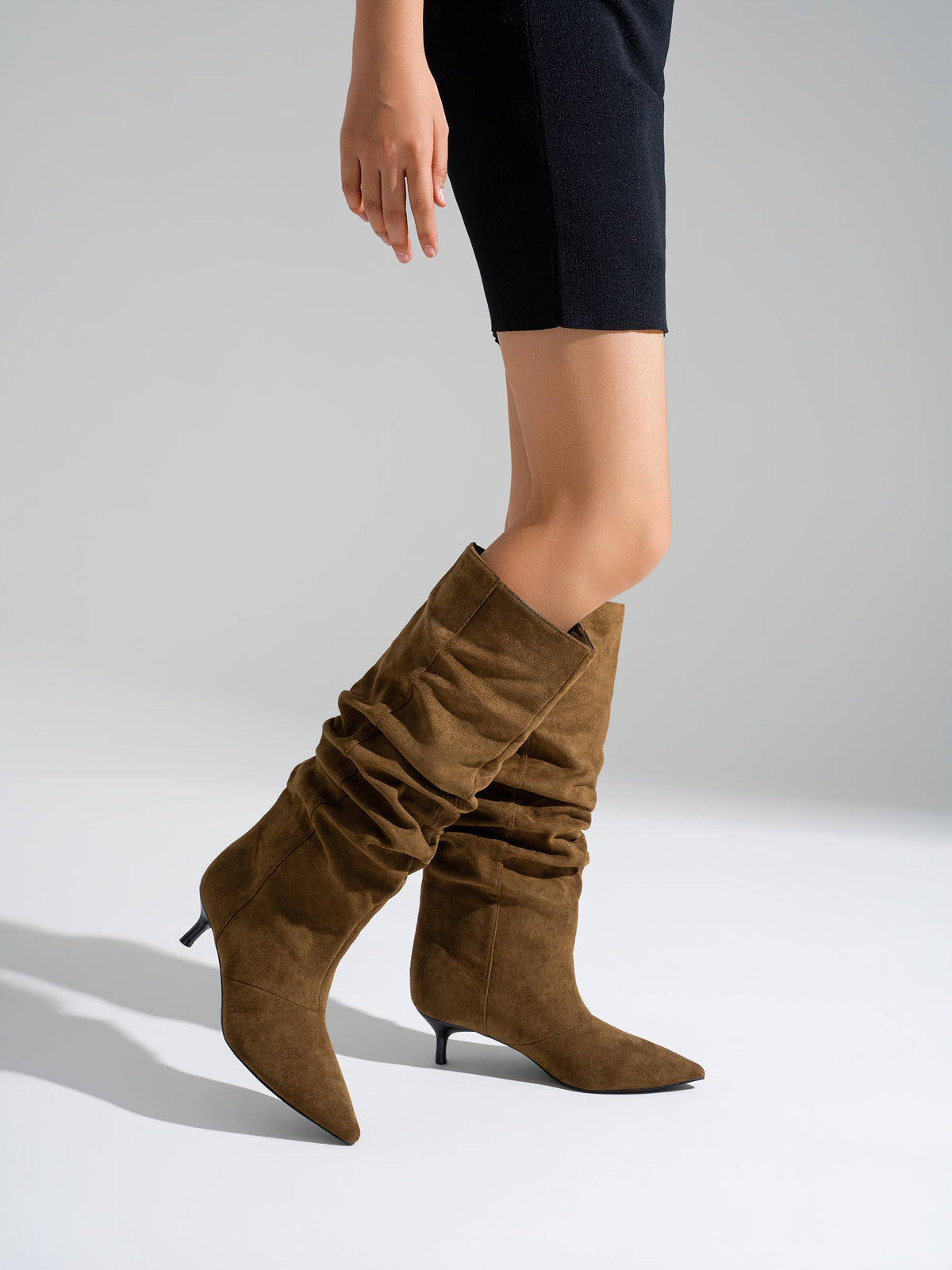 Camel Slouchy Knee High Boots, Pointed Toe, Kitten Heel