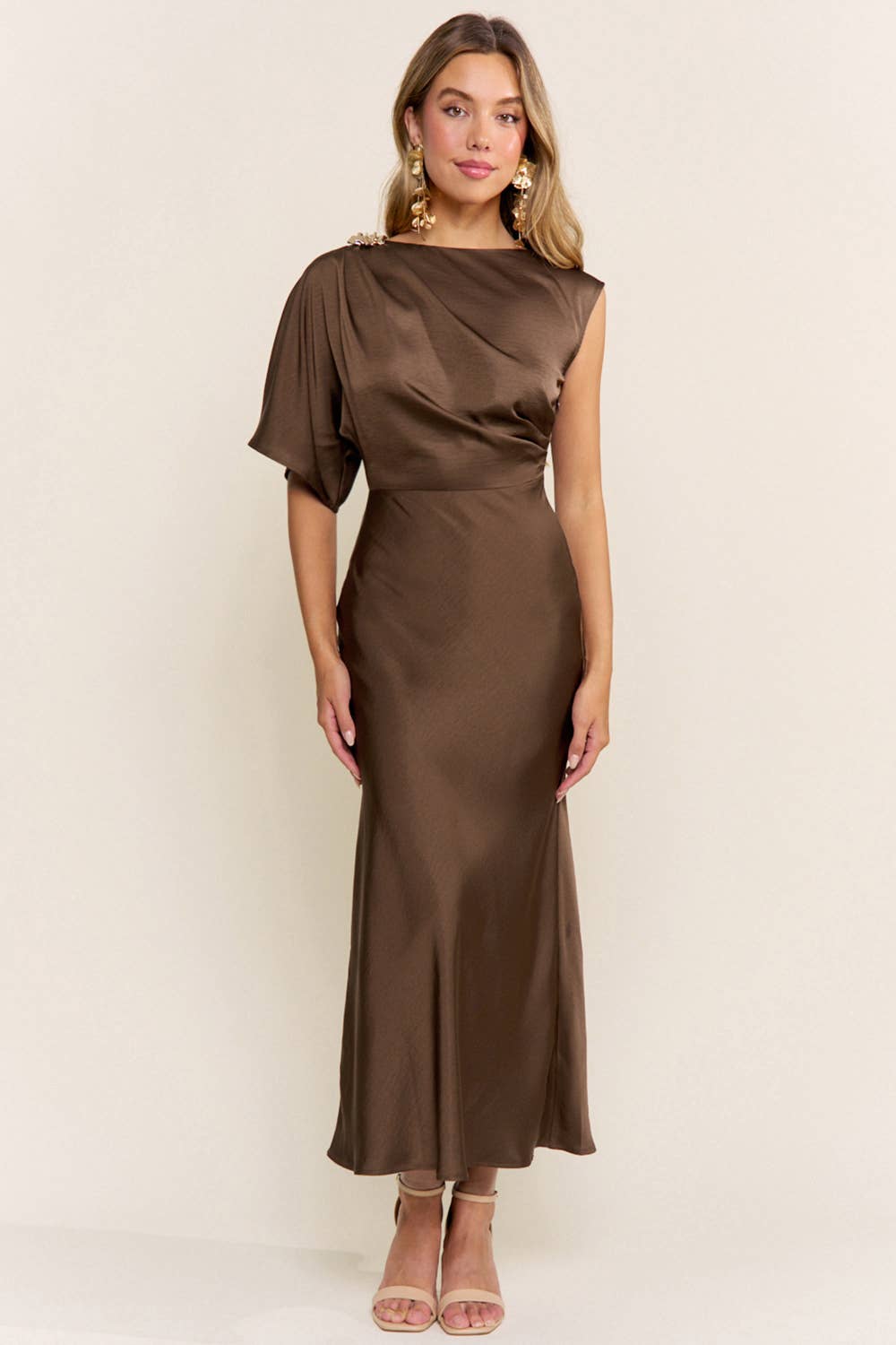 Brown Satin Dress With Detail On The Shoulder