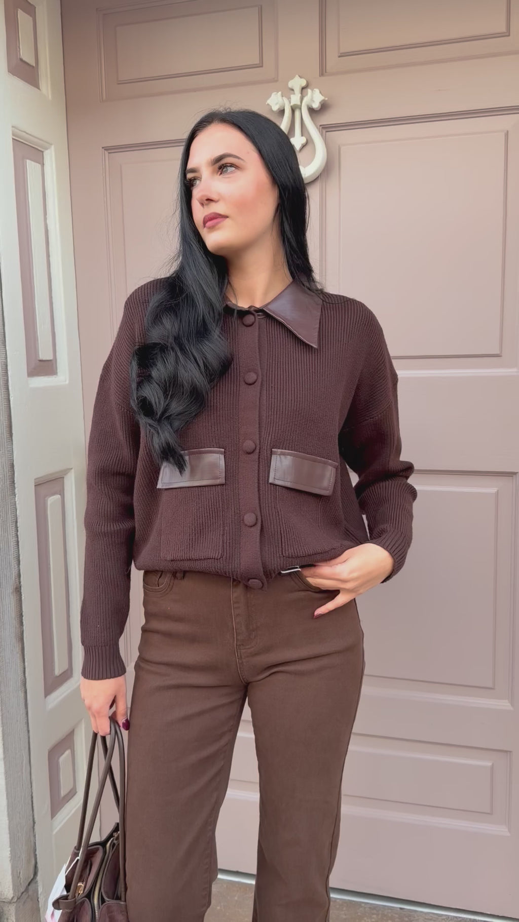 Brown Knitted Jumper With Brown Leather Collar And Pocket Detail