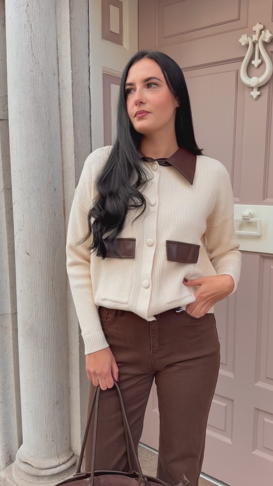 Knitted Jumper With Brown Leather Collar And Pocket Detail
